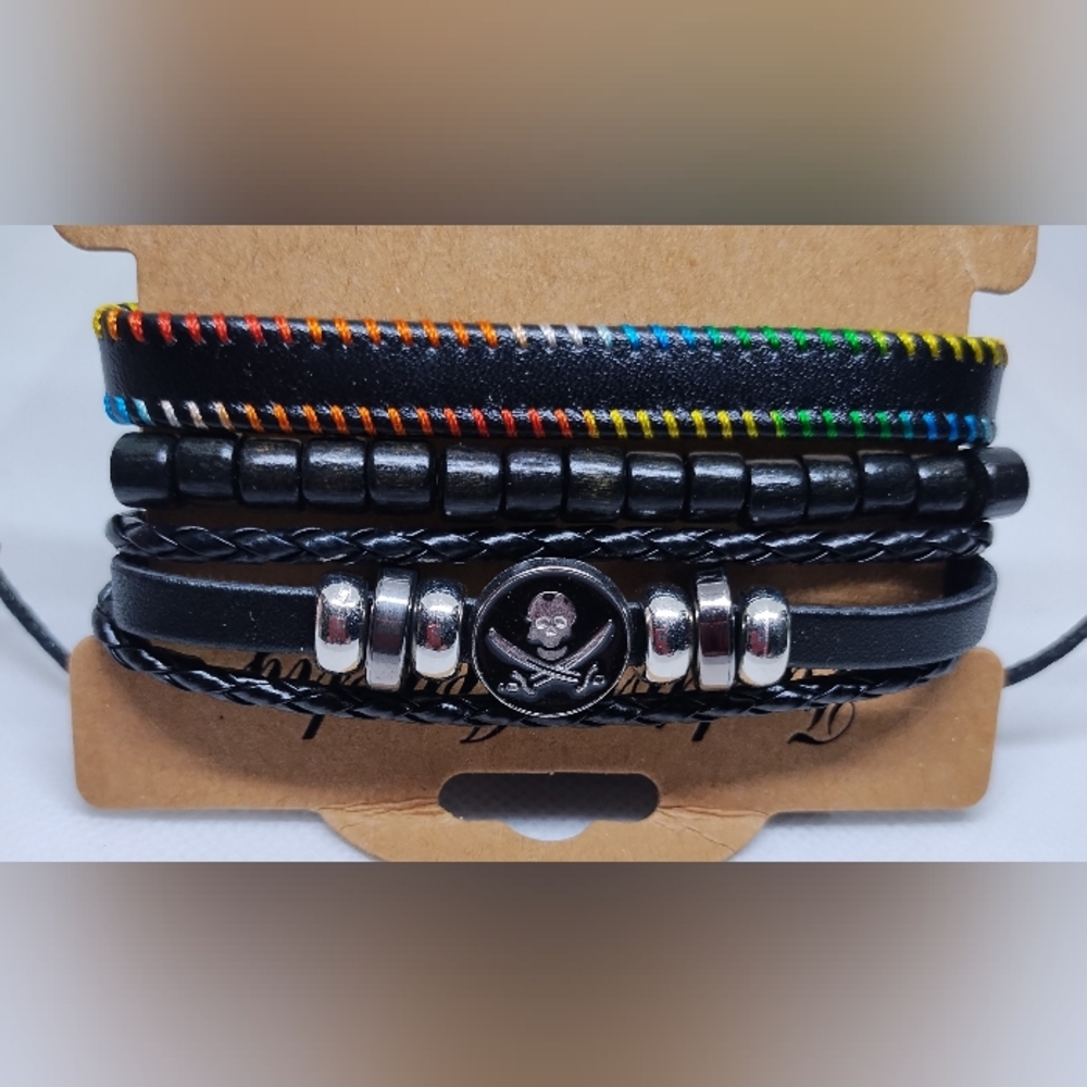 Men's Leather Bracelets Set Skull Layered Beaded Black New f82